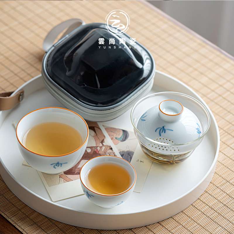 玻璃手绘功夫旅行茶具便携随身小套装露营户外泡茶快客杯一壶二杯