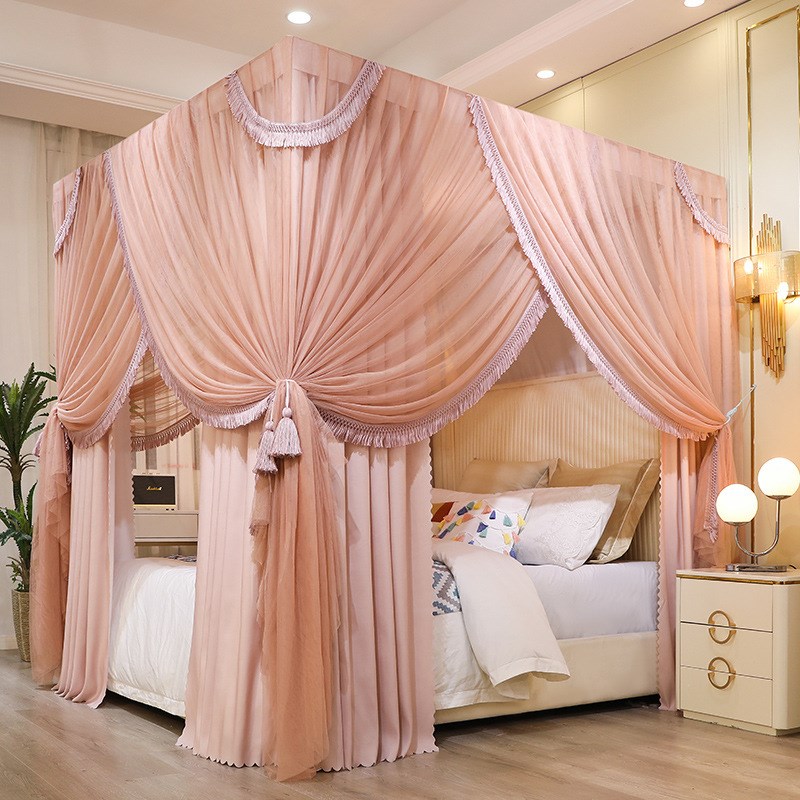 双层蚊帐带防尘顶布公主风遮光床帘纯色床幔欧式宫廷落地式带支架