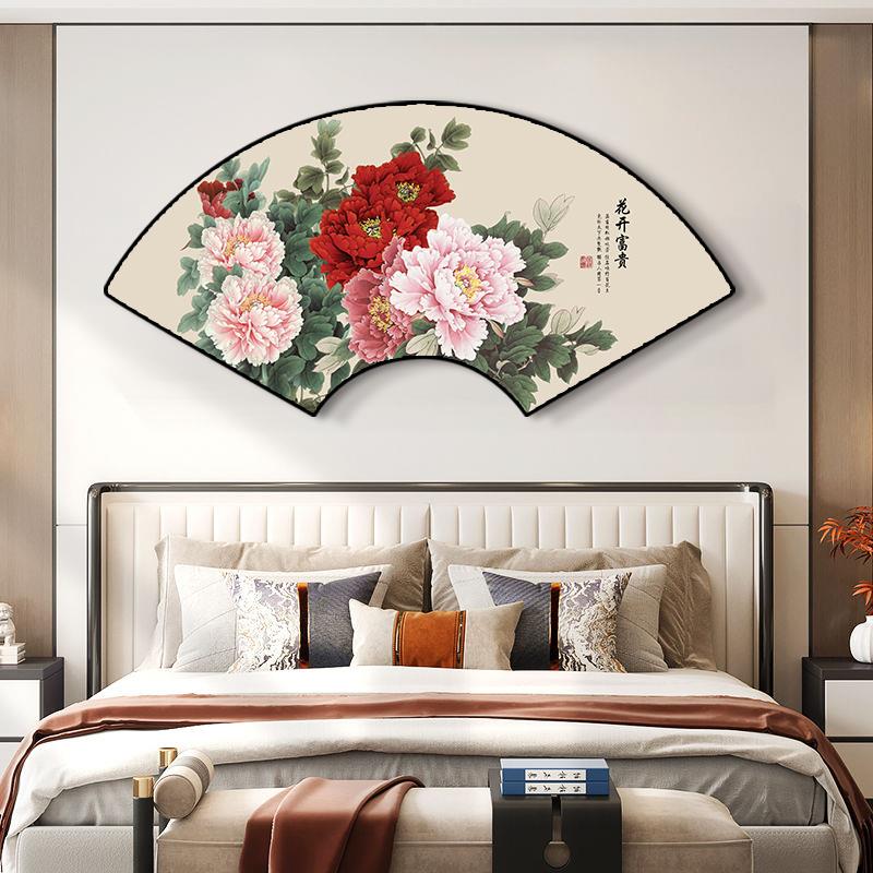 牡丹花扇形装饰画 画玄关饭厅挂画 画客厅卧室床头墙壁画 画新中图片