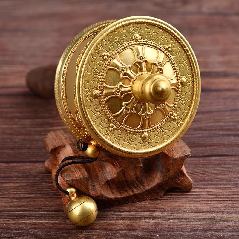 家用亚青手摇转金轮转金摆件客厅手摇纯铜单层金色红铜转桶筒小号