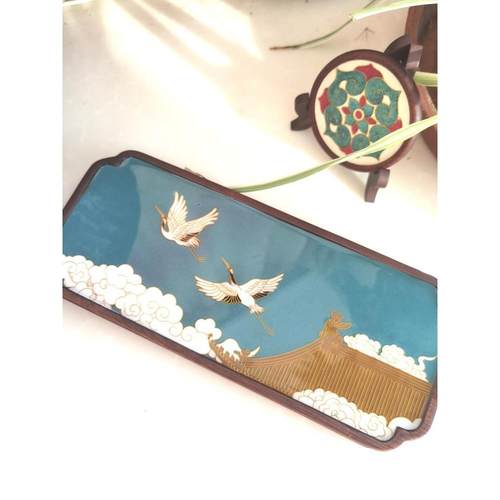 瑞鹤呈祥胡桃木瑞鹤图茶盘DIY套件釉料仙鹤壶承干泡台掐丝珐琅