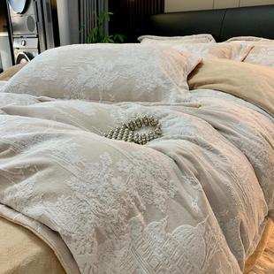 宝宝绒加厚保暖纯色被套床上用品 高端简约雕花牛奶绒四件套冬季