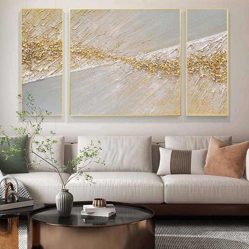客厅沙发背景三联画轻奢石头实物金箔手绘油画现代抽象肌理装饰画