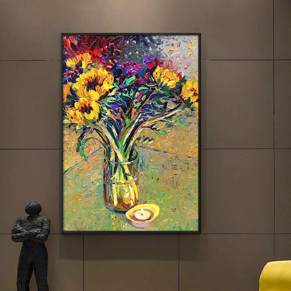 纯手绘成品油画玄关装饰画现代客厅走廊挂画手工立体花卉过道壁画图片