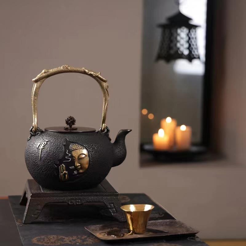典工堂铁壶无涂层鎏金工艺佛手莲花铸铁壶生铁茶壶家用茶具烧水壶