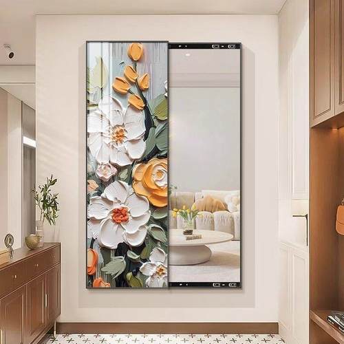奶油风花朵全身镜装饰画隐藏式可推拉穿衣镜挂画入户玄关装饰画