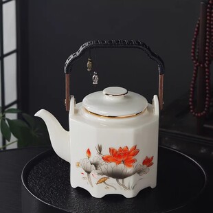 2026新款羊脂玉大号容量提梁壶陶瓷内胆八方来财单壶冰种高端白瓷