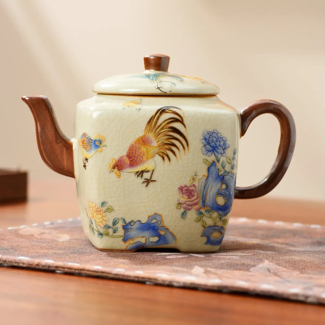 仿宋汝窑七彩公鸡四方壶开片可养金丝茶壶手工功夫茶具家用泡茶壶