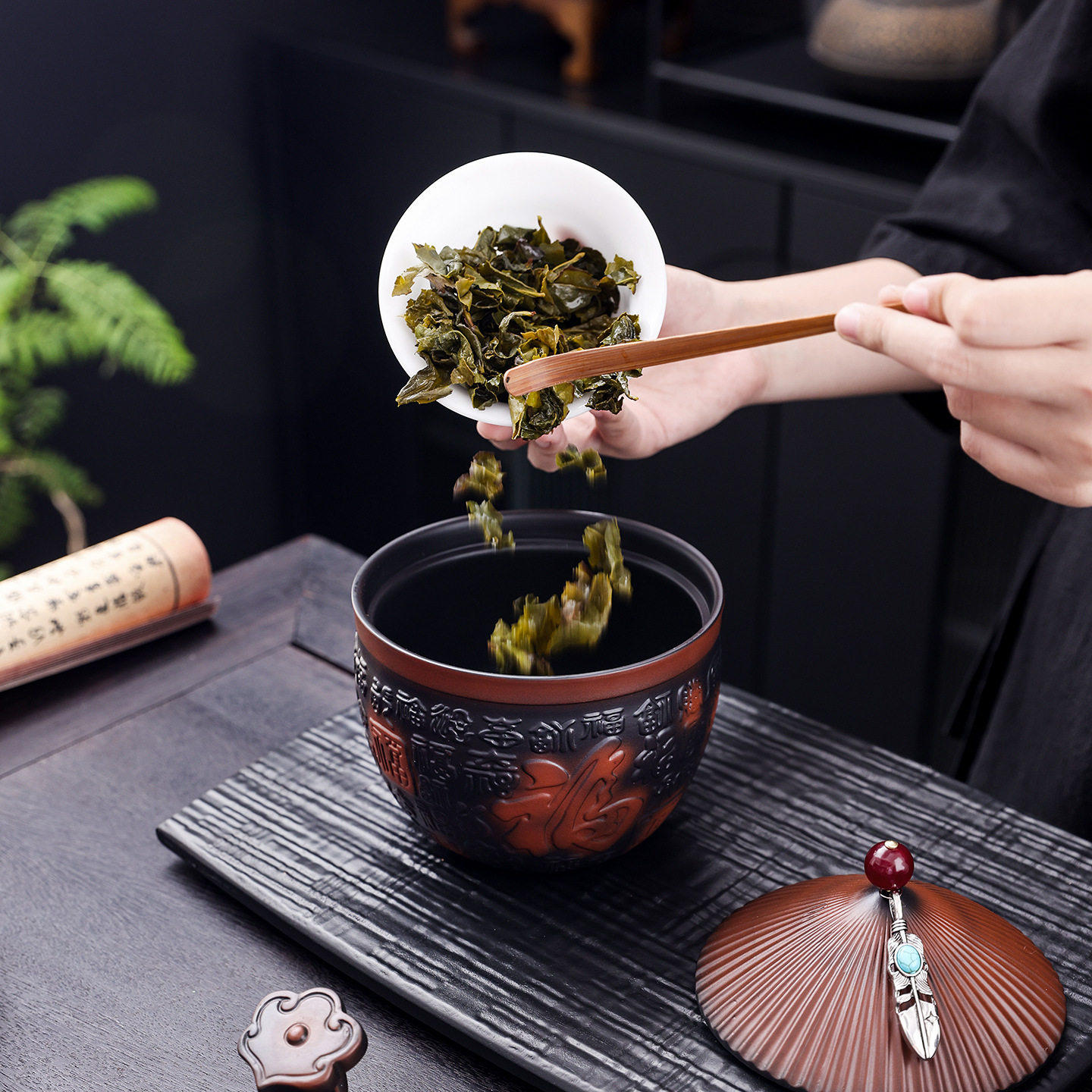 陶瓷桌面茶渣桶个性茶渣缸紫陶建水茶盅大号带盖家用水盂茶道配件