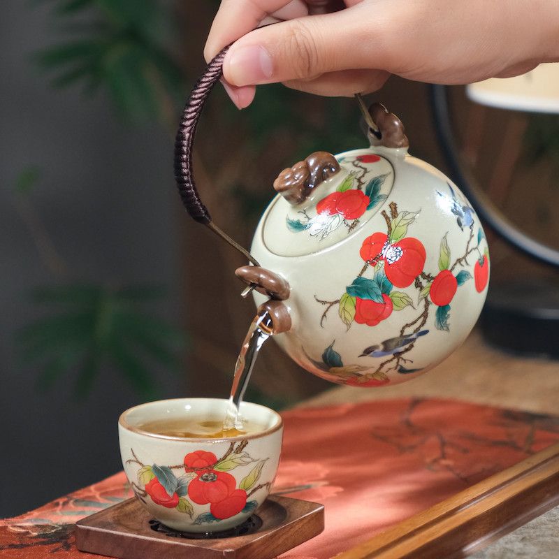 汝窑开片柿柿如意提梁茶壶
