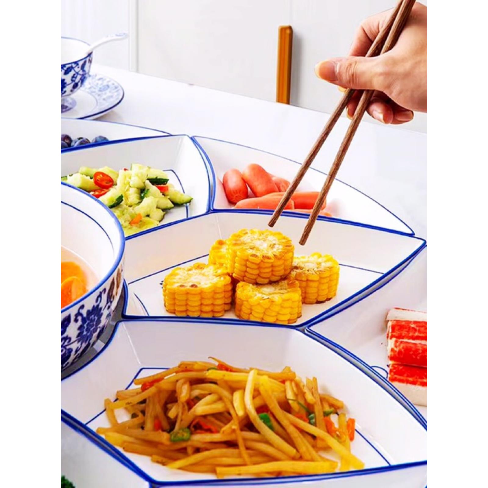 精致新中式青花陶瓷拼盘餐具组合套装家用创意摆盘新风特瓷业餐具