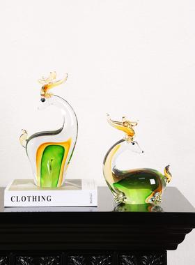 创意琉璃混彩招财麋鹿工艺品摆件客厅酒柜电视柜家居装饰品摆设