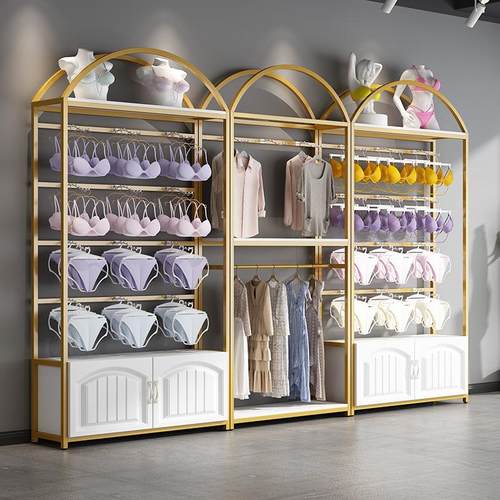 内衣店货架文胸内裤展示柜靠墙睡衣服装店带挂钩金色多功能置物架