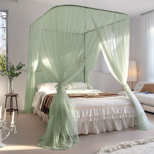 2024新款U型易安装蚊帐加厚伸缩不锈钢支架三开门落地公主风纱帘