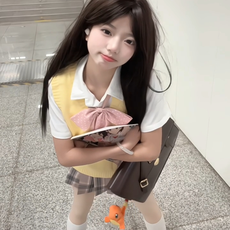 风铃/日系jk制服套装黄色马甲背心毛衣女学院风纯色无袖V领针织衫