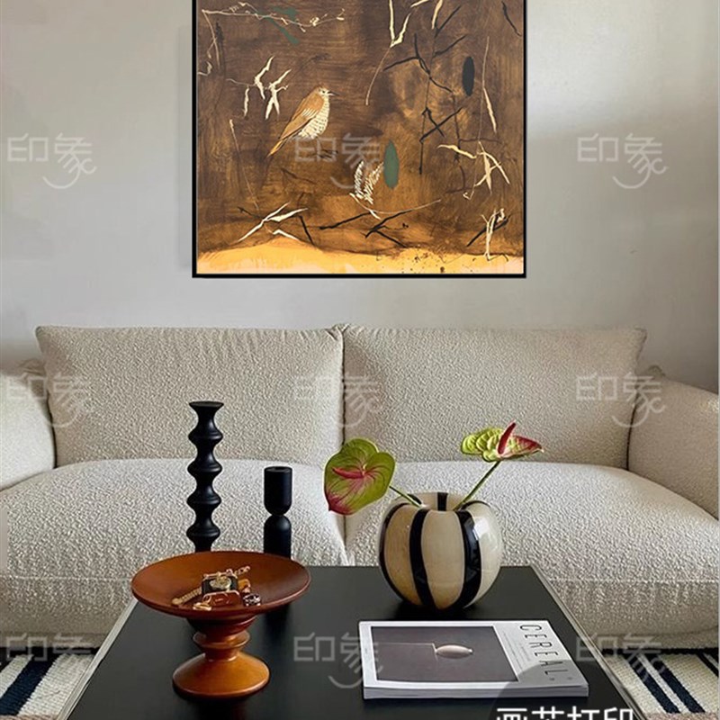 鸟戏枝头正方形喷绘印制油画布画芯客厅卧室背景墙美式装饰画图片