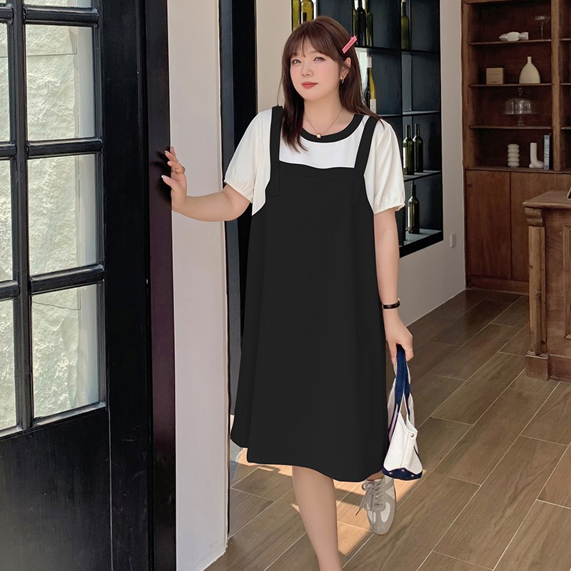 夏季甜美学院风假两件背带连衣裙女2023新款小个子加大码直筒裙子
