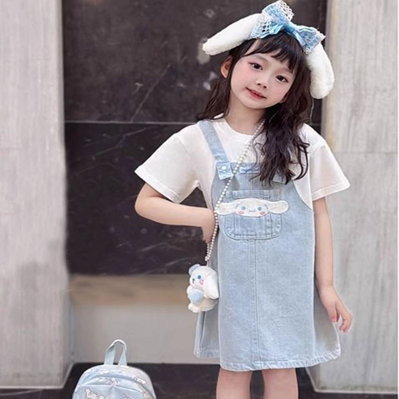 女童牛仔背带裙夏季短袖假两件公主裙2025夏装洋气新款儿童裙子潮