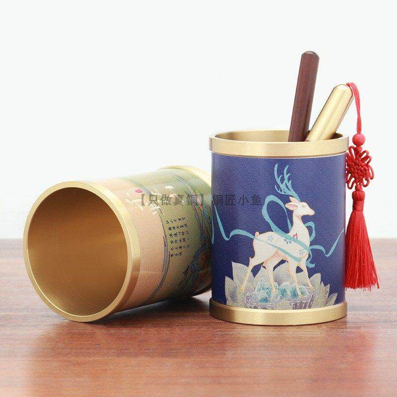 文创纯黄铜笔筒摆件仿古风高颜值千里江山福鹿百福储物盒桌面实用,家居饰品,桌面摆件,淘宝优惠券,粉丝福利购,淘宝优惠卷