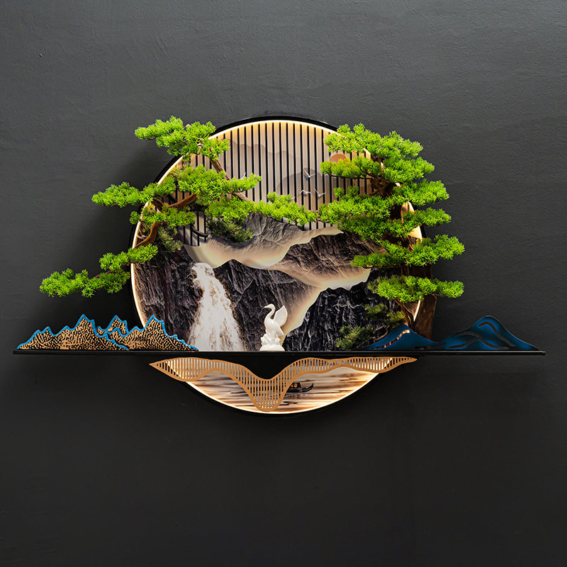 新中式仿真迎客松挂件茶室沙发背景墙面装饰轻奢挂饰山水圆形壁画