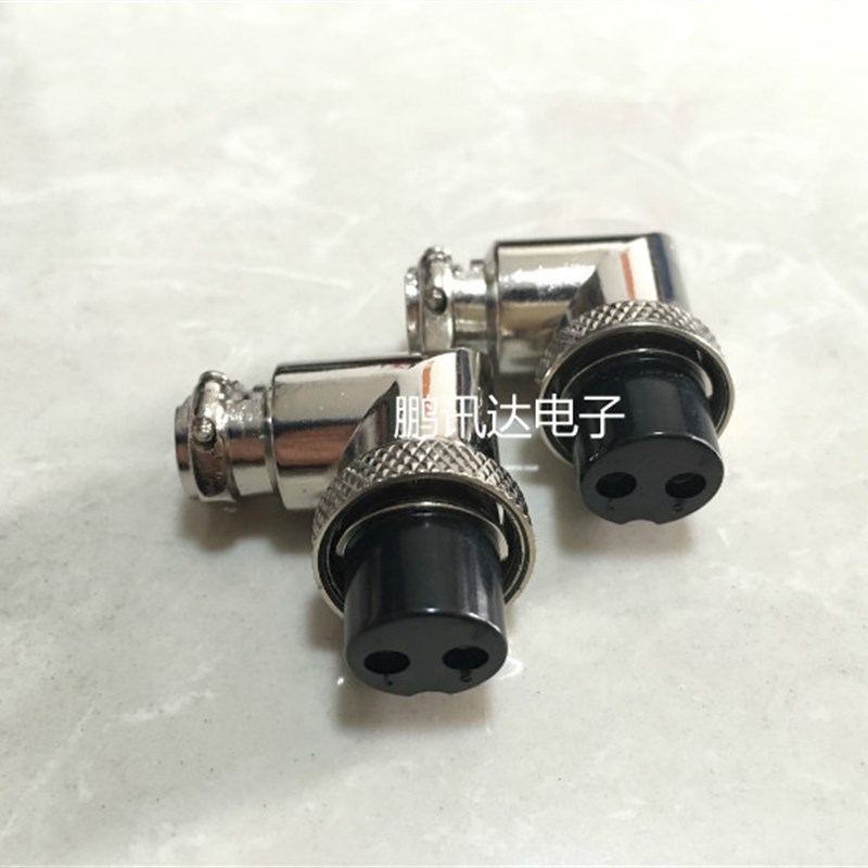 航空插头GX16-2芯2Pin弯头 90度角L型连接器 对接母头 开孔16mm