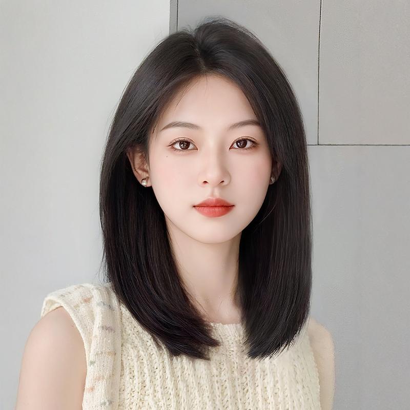 假发女全头套长发自然日常齐肩锁骨发八字浏海中长直发彷真假发套