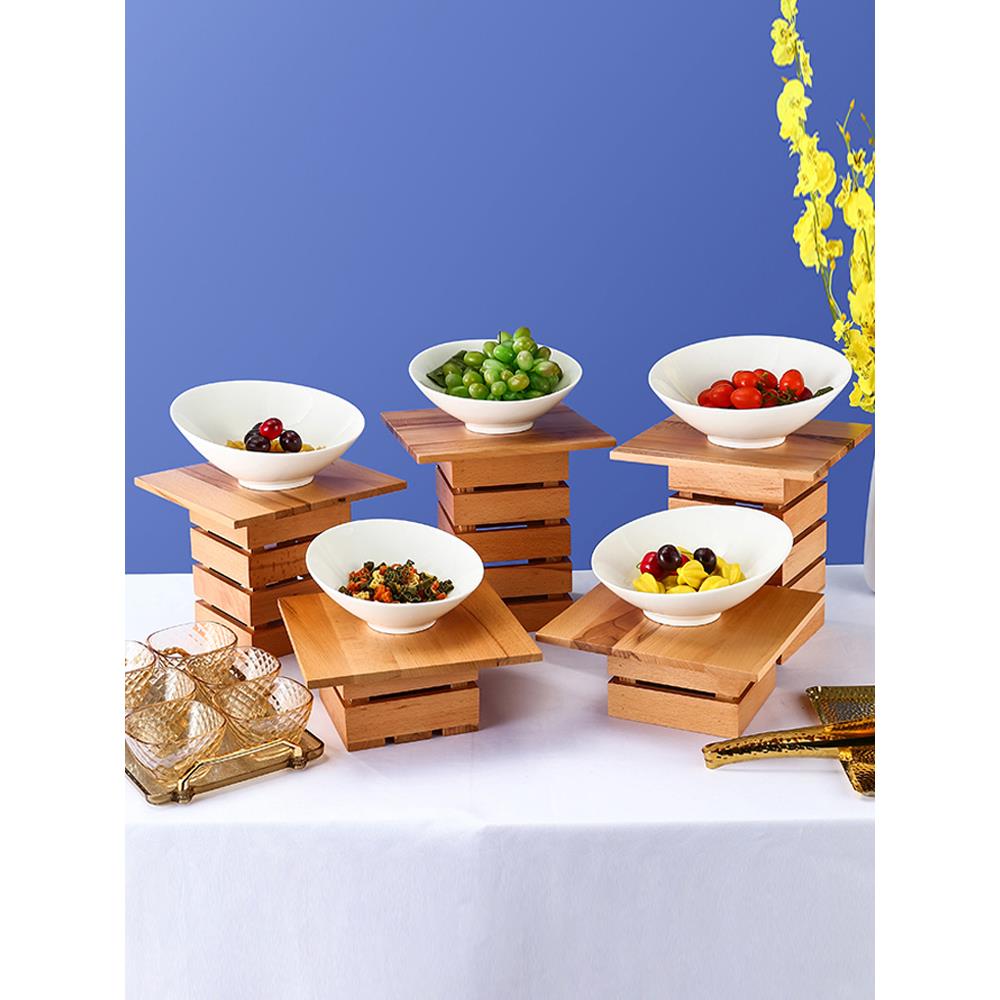 木制陶瓷自助餐桌水果沙拉冷盘架碗餐饮香料架碗架冷盘展示架