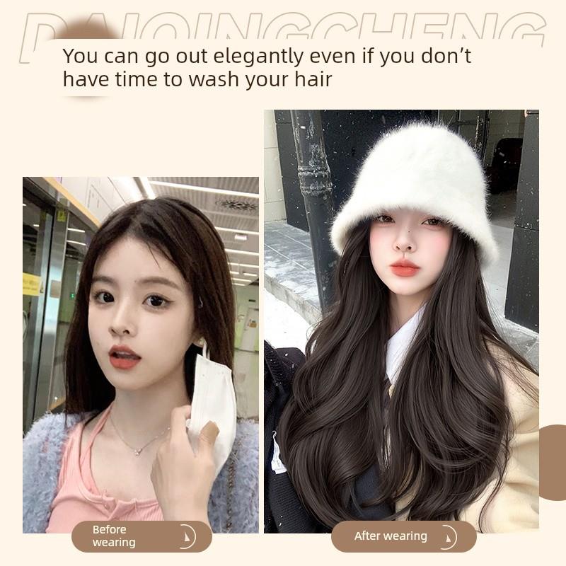 2025新款秋冬兔毛渔夫帽微卷大波浪假发帽子女全头套帽子假发一体