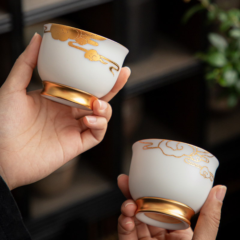 墨染留香德化陶白瓷羊脂玉鎏金白瓷茶杯个人主人品茗单杯黄金茶盏