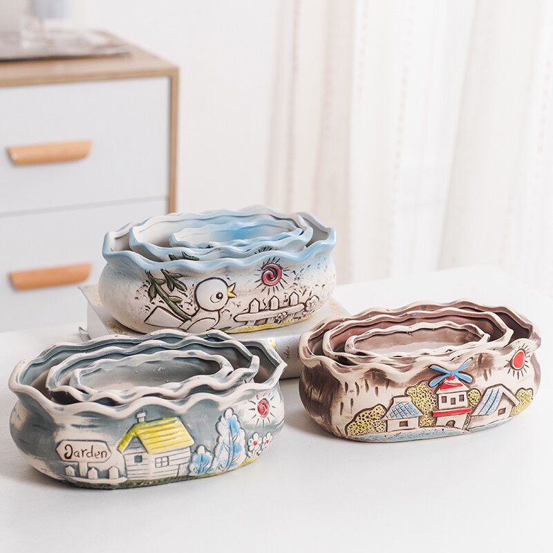 简约卡通可爱多肉植物肉肉长方形大口径粗陶透气大号创意花盆