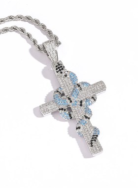 ICE BLING 蓝色珊瑚蛇十字架吊坠项链复古个性锆石嘻哈饰品潮流