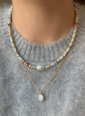 天然彩色串珠碧玉石淡水珍珠吊坠项链女秋冬毛衣链轻奢小众高级感