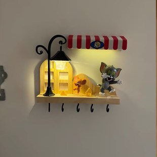 磁吸挂钩钥匙收纳玄关摆件感应灯实木挂杆猫和老鼠摆件壁挂式装饰