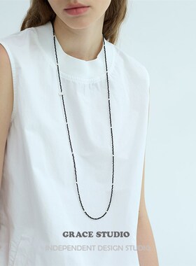 G/S周末美学 小众高级感极简黑晶石珍珠串珠长项链叠戴休闲毛衣链