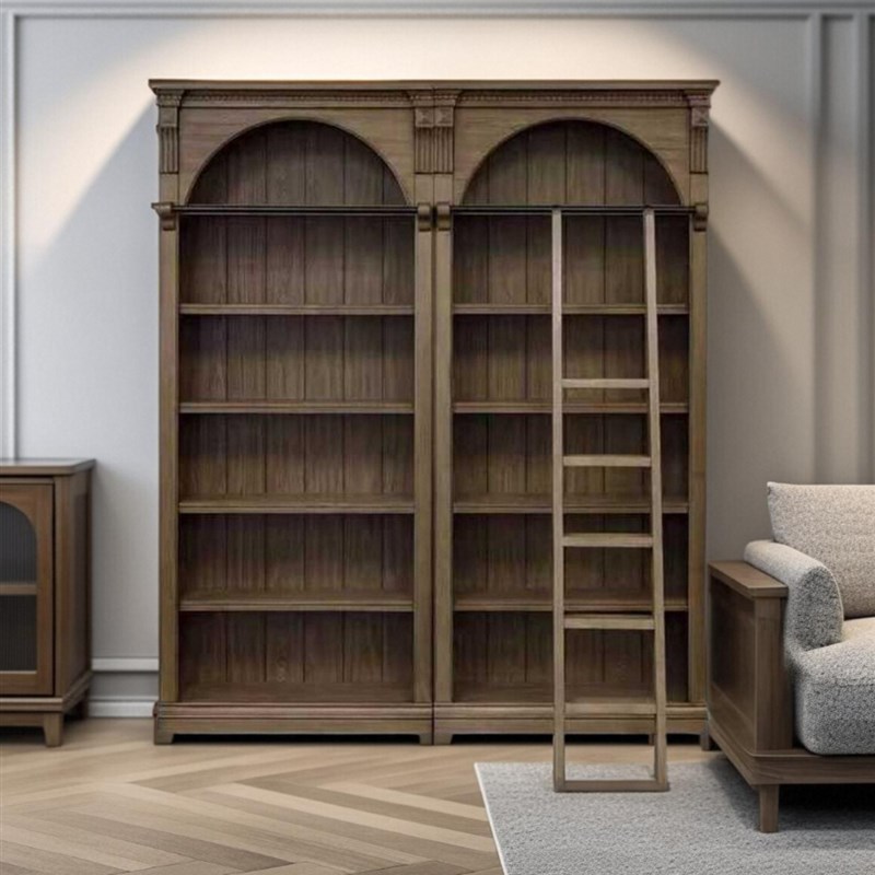美式覆古拱形书柜法式实木雕刻新古典陈列柜带梯书架书橱组合定制