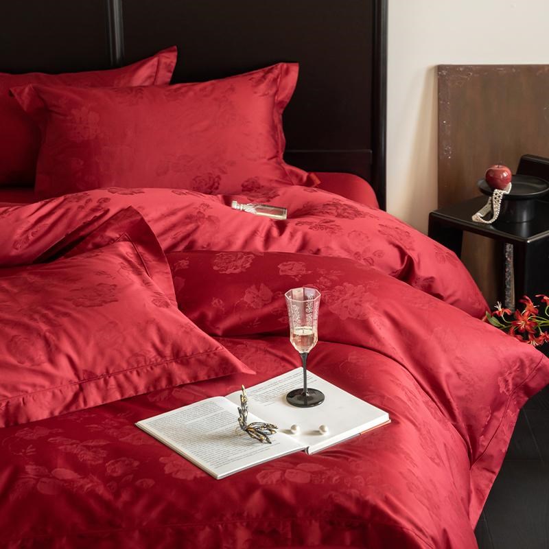 高级感A类100S全棉长绒棉提花四件套大红色床单纯棉结婚被套床品