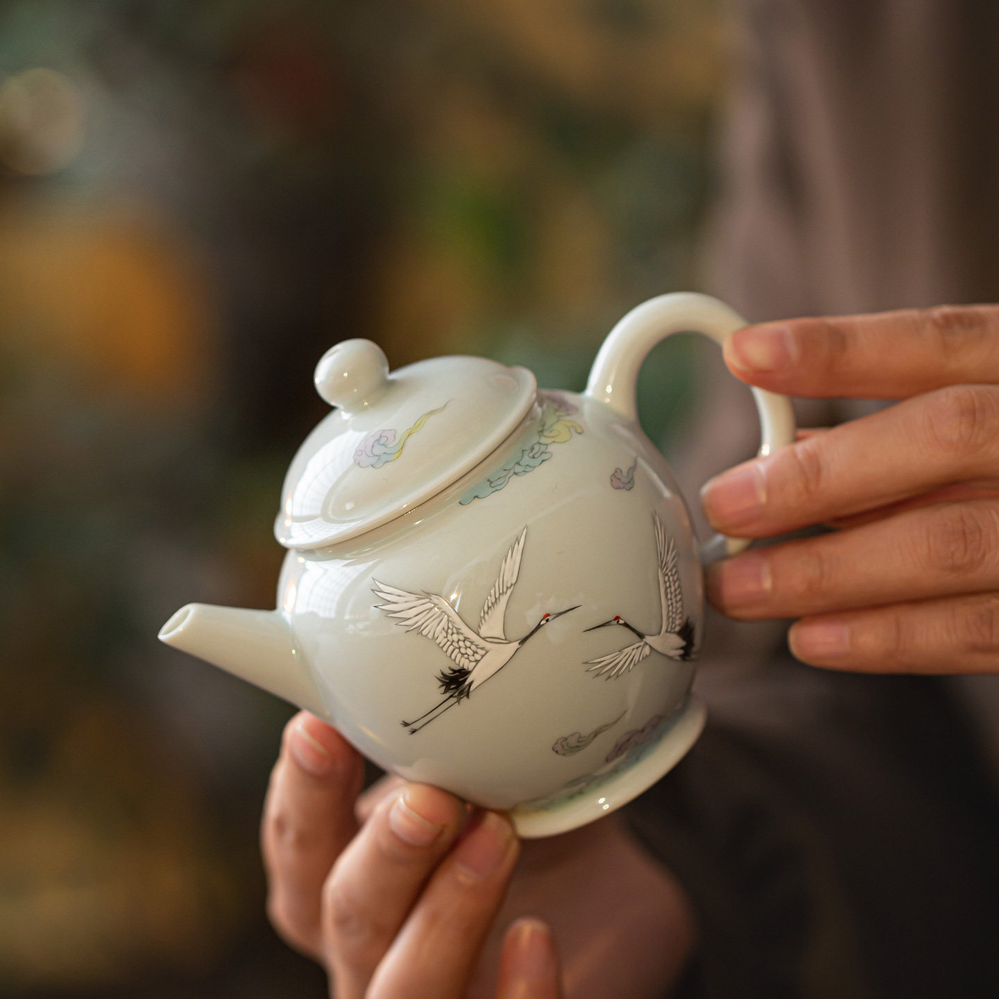 皓澜庭手绘祥云仙鹤茶壶陶瓷茶具