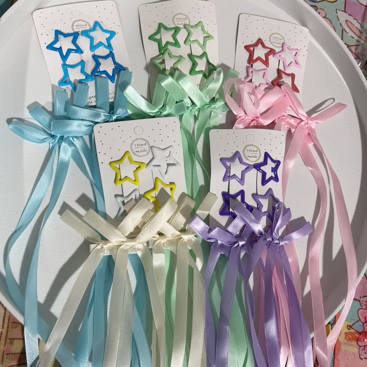 蝴蝶结编发发夹星星粉色紫色蓝色发夹演唱会音乐节应援色丝带套装