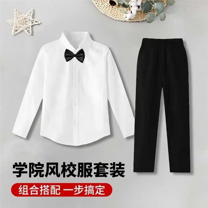 男女童加绒加厚白衬衫藏青裤套装