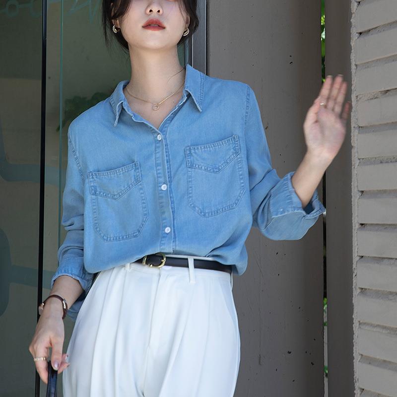蓝色牛仔外套衬衫春秋季2025新款女装长袖短款上衣设计感小众