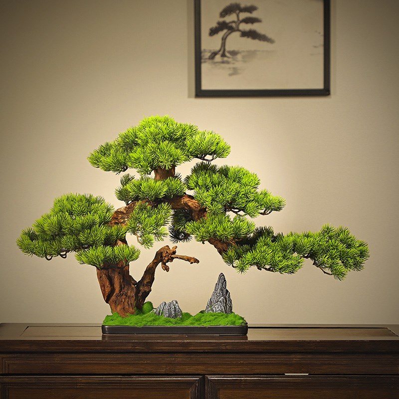 仿真迎客松盆景中式客厅玄关柜桌面假花摆件禅意假绿植盆栽装饰品