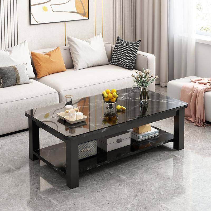 茶几家用客厅轻奢现代简约茶桌办公室方形茶桌岩板双层带玻璃桌子