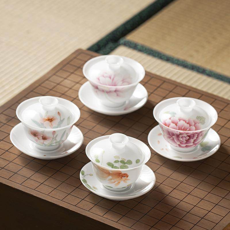 国风手绘冰种三才盖碗茶杯单个陶瓷不烫手盖碗三才茶盏泡茶碗高端