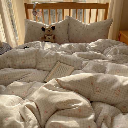 A类全棉双层纱四件套纯棉被套床单田园风斜纹全棉四件套卡通印花