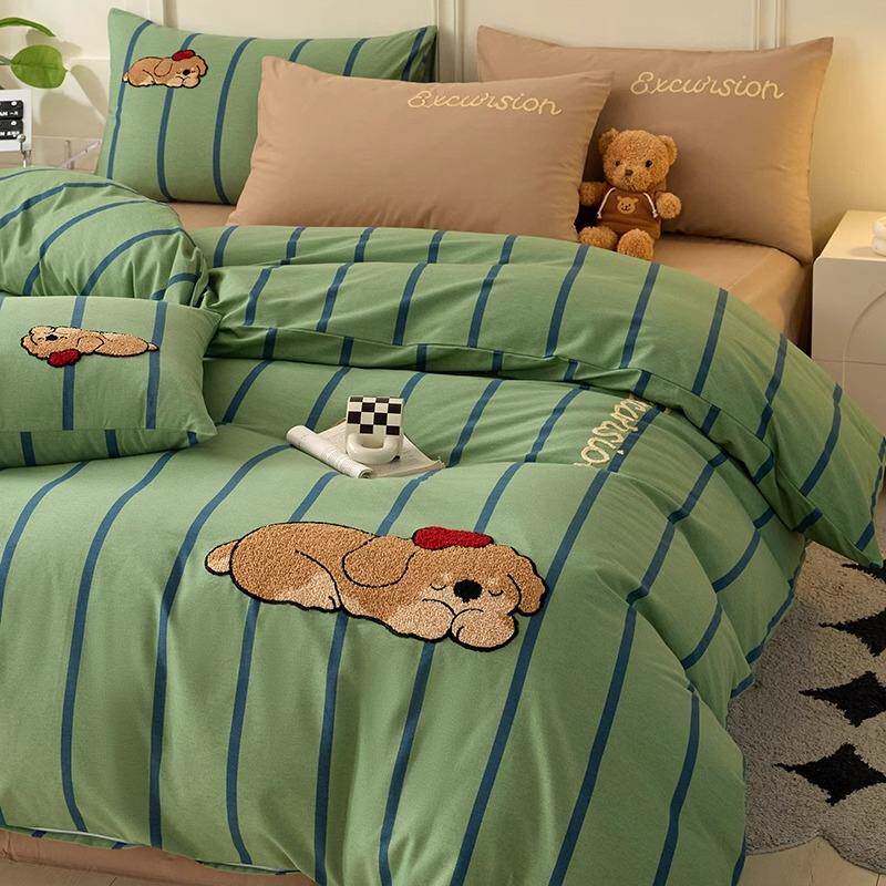 秋冬A类加厚纯棉磨毛床上四件套100全棉毛巾绣卡通被套床单人床品