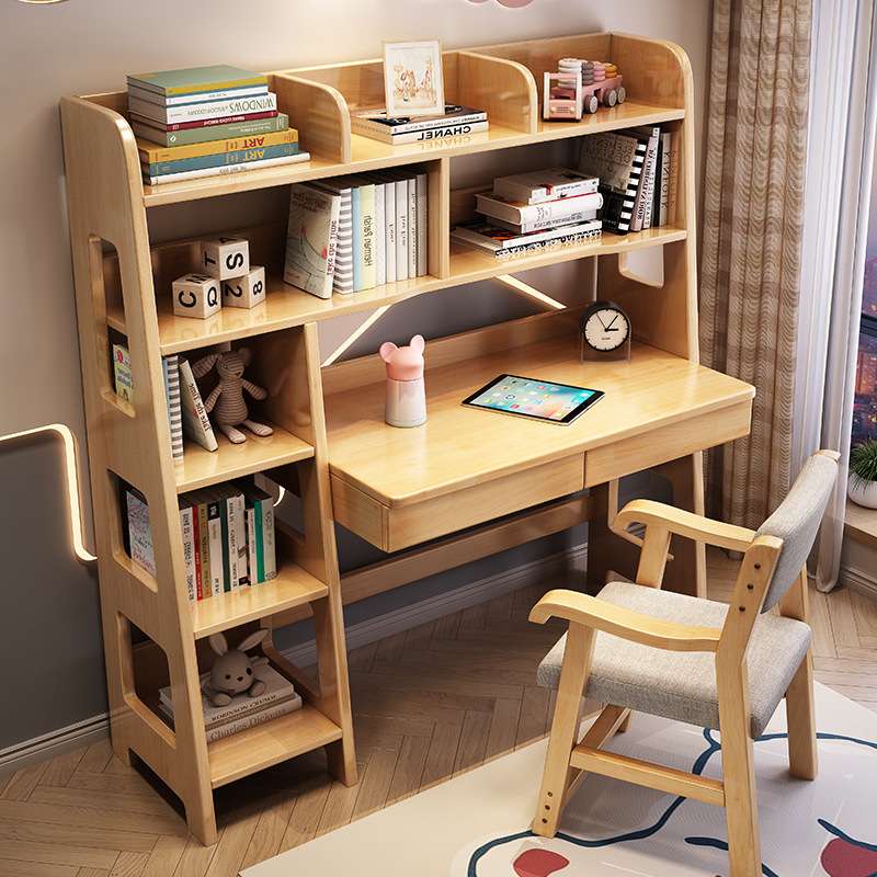 原木卧室桌实木组合电脑桌儿童一体电脑学习学生家用用学桌椅写字