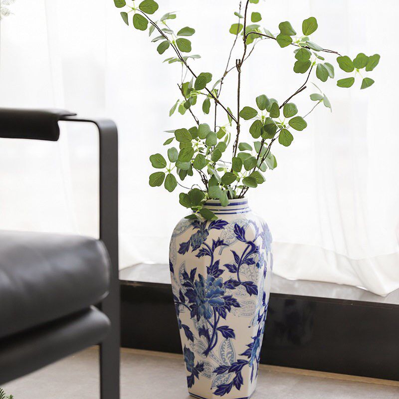 中式陶瓷花瓶青花瓷高级感花器可水培六方瓶子家居摆件客厅装饰品