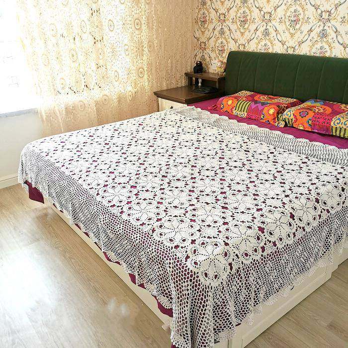 纯手工钩针钩花欧美式田园风奢华镂空编织蕾丝纯棉成品床盖窗帘