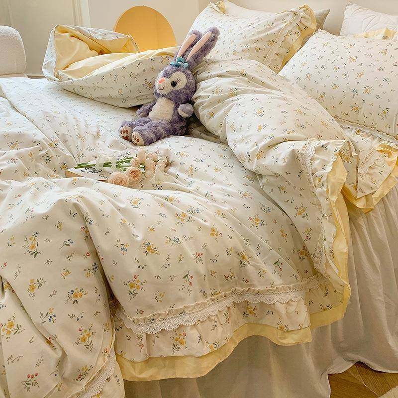 少女心荷叶边四件套全棉纯棉被套韩式田园碎花床裙款床上用品套件