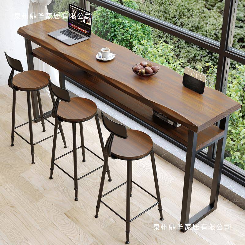 复古吧台桌双层实木靠窗窄桌长条高低脚长桌子阳台家用高脚桌